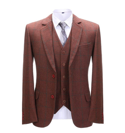 Men's 3 Pieces Classic Brick Red Plaid Suit