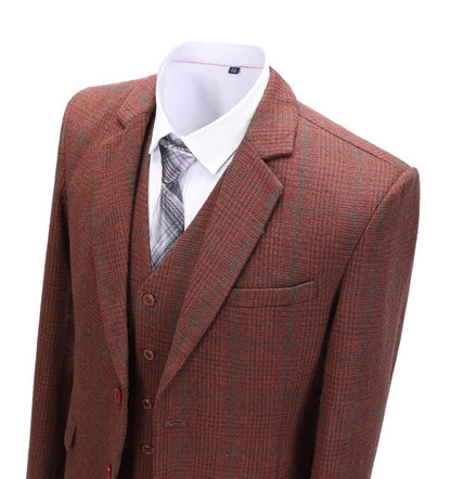 Men's 3 Pieces Classic Brick Red Plaid Suit